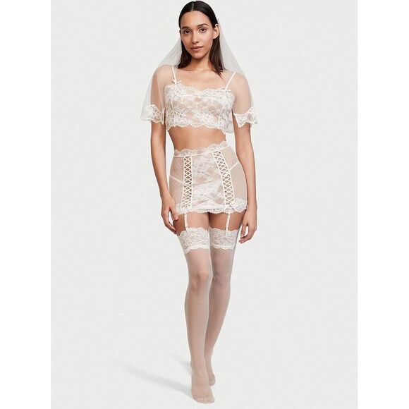 Victoria's Secret BRIDAL SET M,L TOP+GARTER SKIRT+VEIL+STOCKING WHITE I DO bride